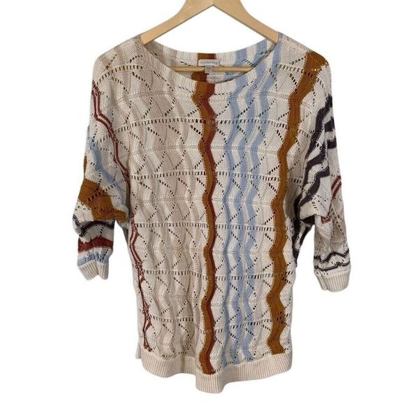Garnet Hill Crochet Dolman Knit Sweater S Multicolor Striped Linen Blend Boxy - Picture 2 of 8